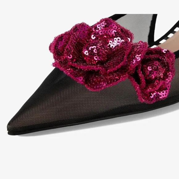 The Blue by Betsey Johnson Aurorra Black Mesh Slingback Flower Pumps 8 NEW** - Picture 2 of 10